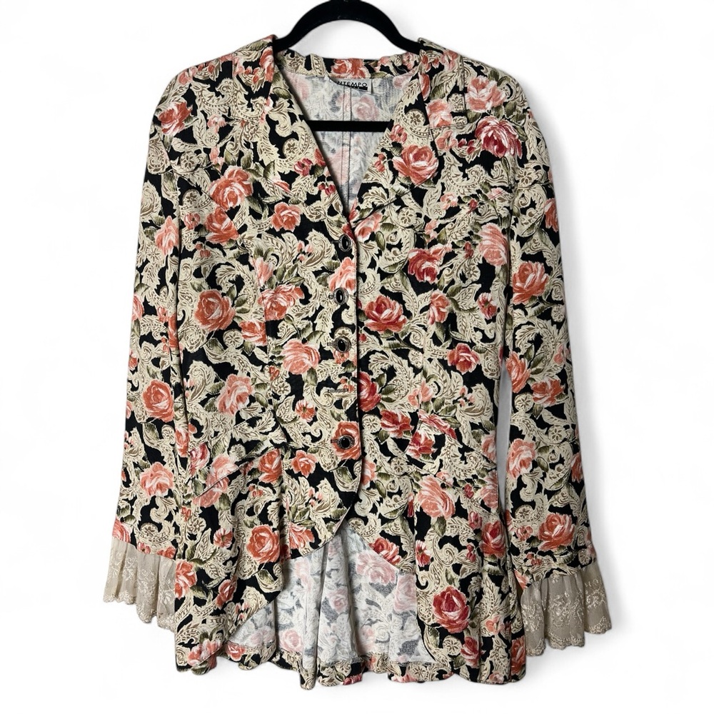 Contempo Casuals - Women’s Vintage Floral Print Lace Cuff Jacket 90s‎ - Sz. M